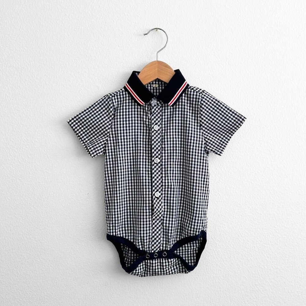 NWT Cute Boys Oxford Short Sleeve Onesie Romper Gingham Navy Blue & White 0-3M